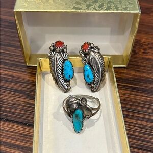 Turquoise and Red Stone Feather Jewelry Set